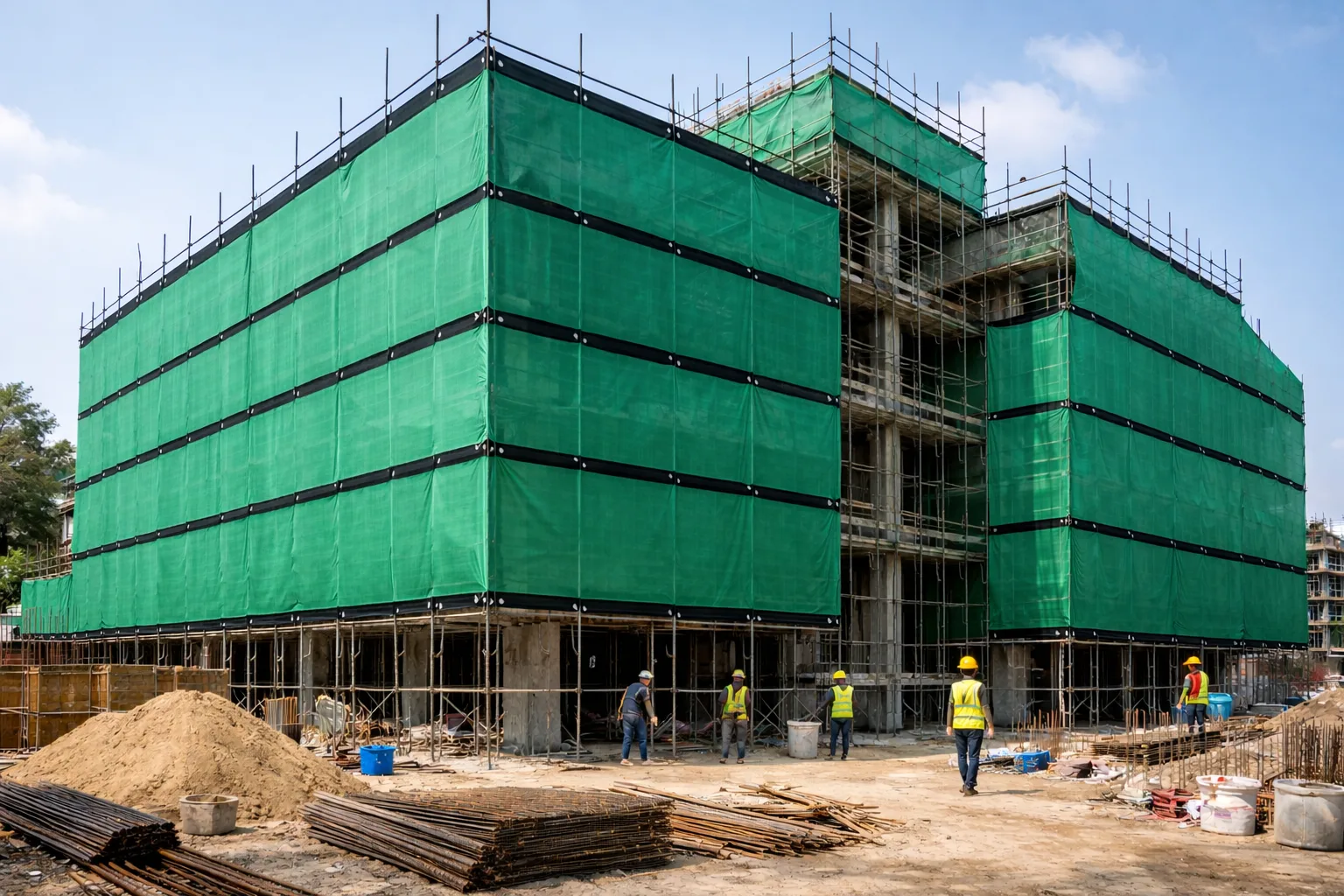 Green Shade Net for Construction Sites in India – Dust Control, Safety & Heat Protection