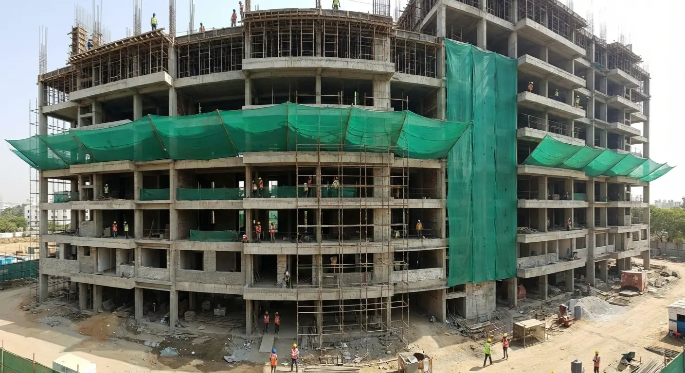 Green Shade Net for Construction Sites in India – Dust Control, Safety & Heat Protection